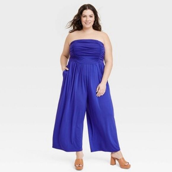 NWT Ava & Viv Strapless or Straps Ruched Jumpsuit Pockets Wide Leg Blue Sz 2X - Picture 3 of 10